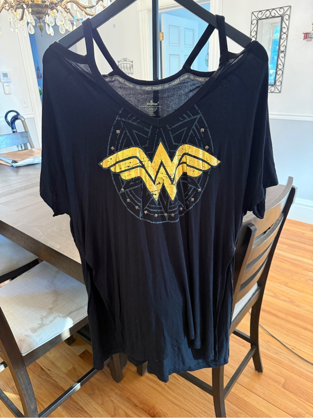 🌟 Warrior Strength! Six Flags Wonder Woman Studded Cold Shoulder Tee 🛡️